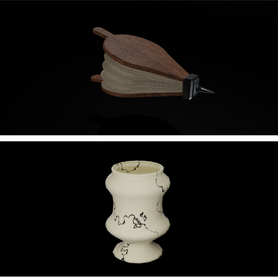 A 3D modeled fire bellow and a 3D modeled vessel created during O'Leary's class.