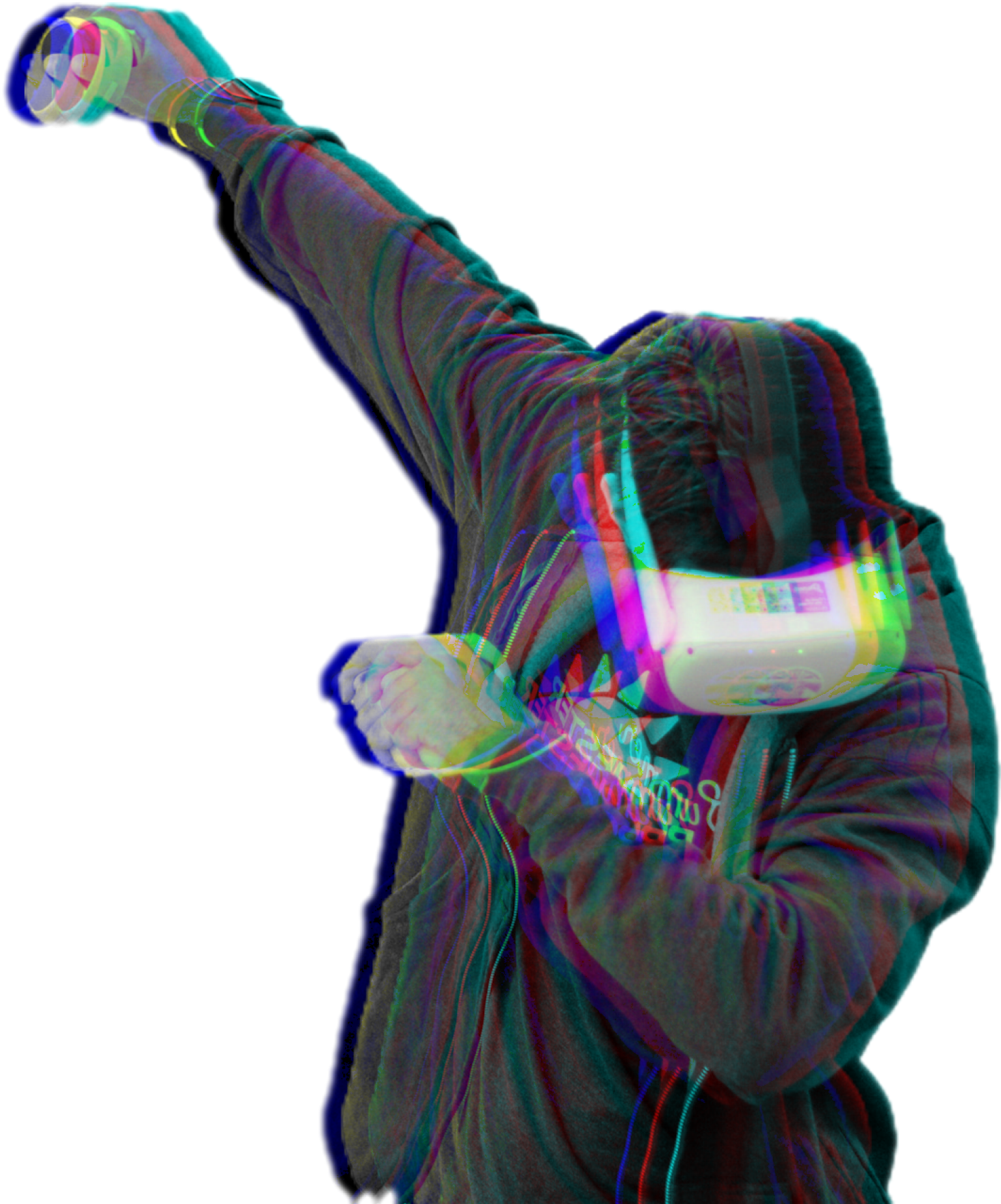 A student is dabbing while wearing a VR headset.