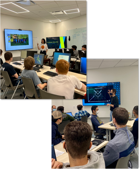 Top: In the Learning Hub, Professor Bai discusses her research with a group of high school students.
                        Bottom: In the Learning Hub, undergraduates with laptops watch Karp Library Fellow El-Sayed teach them Unity. 
                        