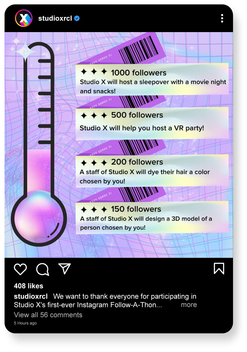 Instagram post featuring a thermometer showing different levels for the follow-a-thon goal.