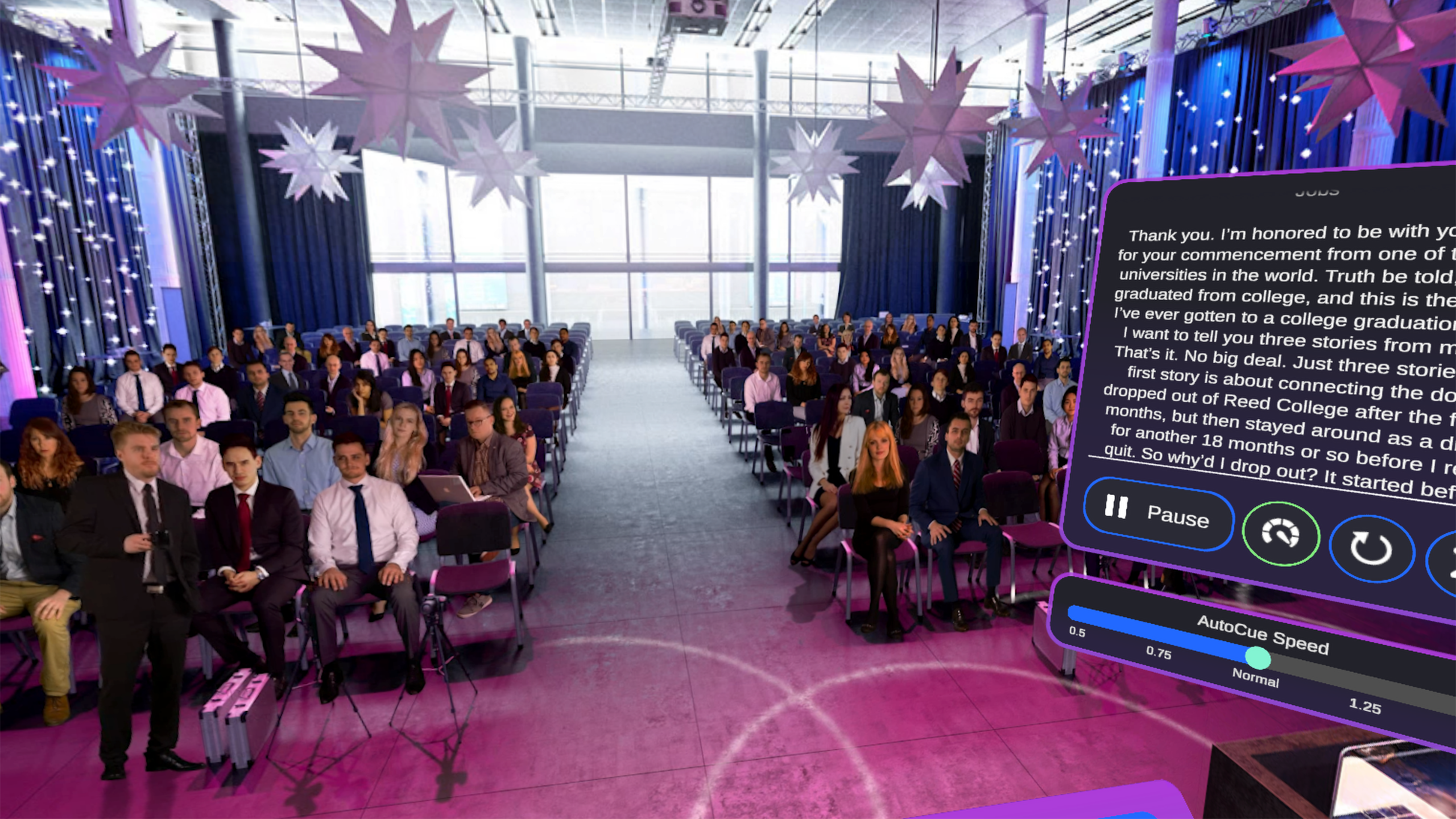 Virtual reality public speaking simulation view in headset.