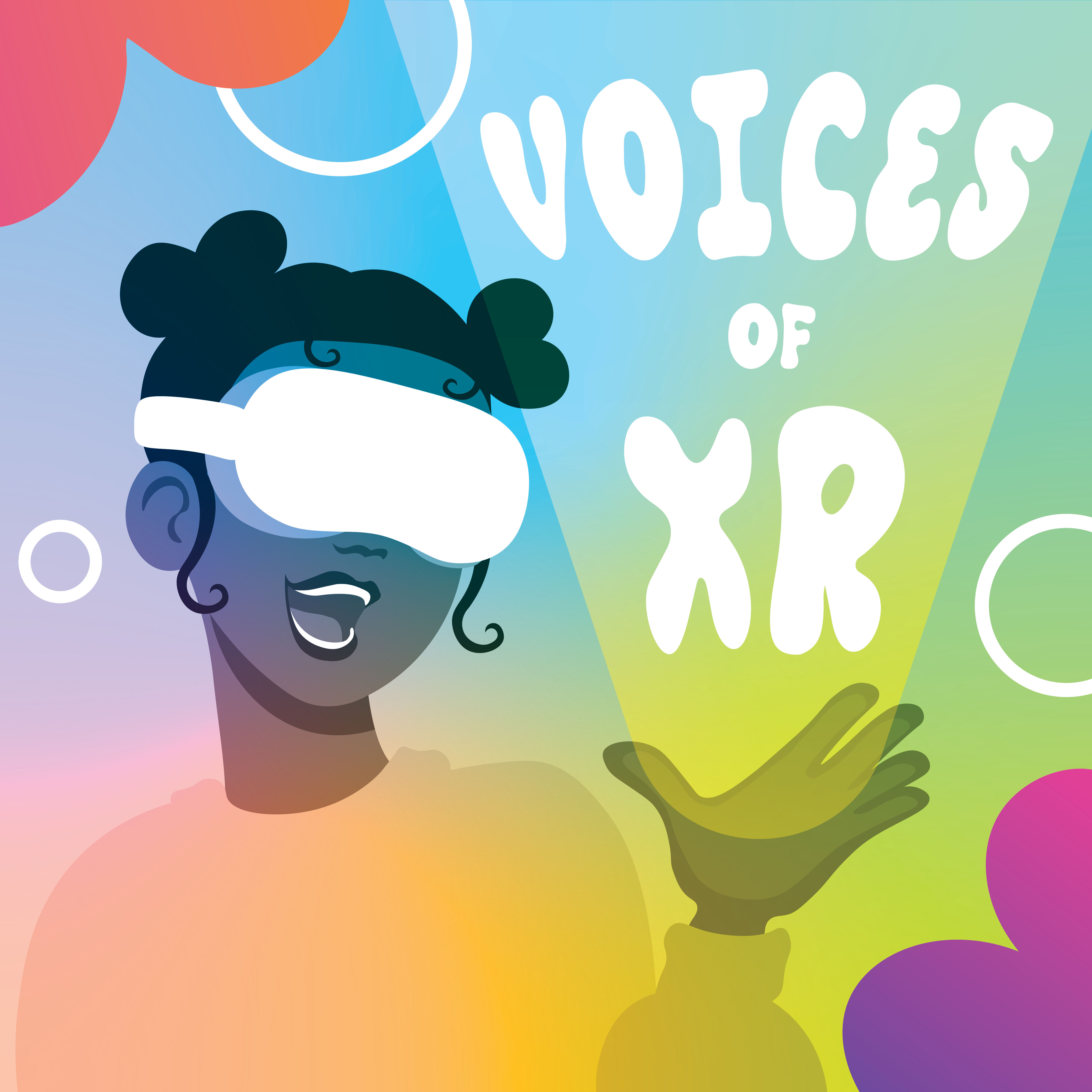 Voices of XR illustration graphic with vibrant colors and person wearing headset smiling.
