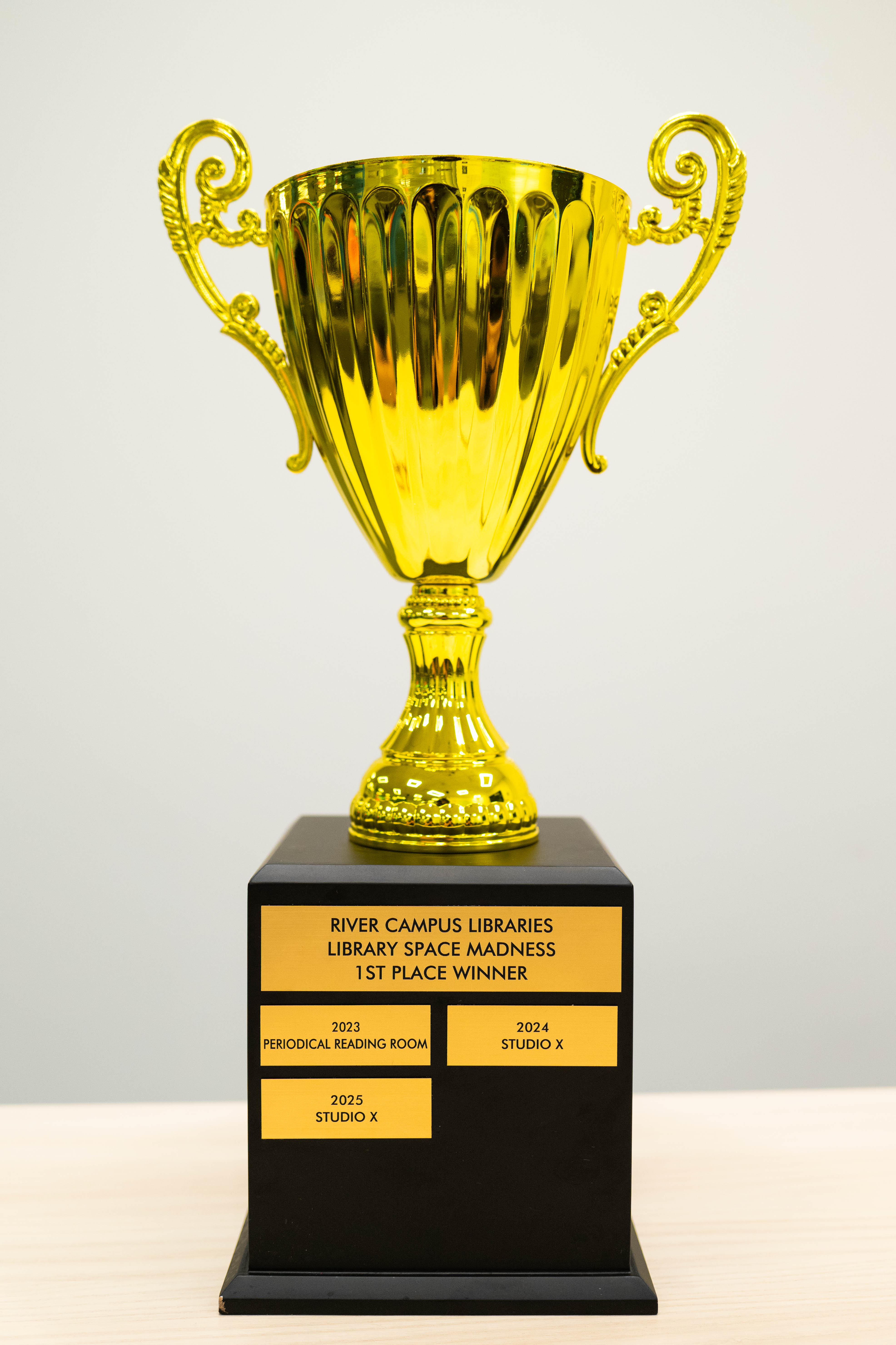 Trophy reading: RIVER CAMPUS LIBRARIES LIBRARY SPACE MADNESS
        1ST PLACE WINNER, Studio X 2025.