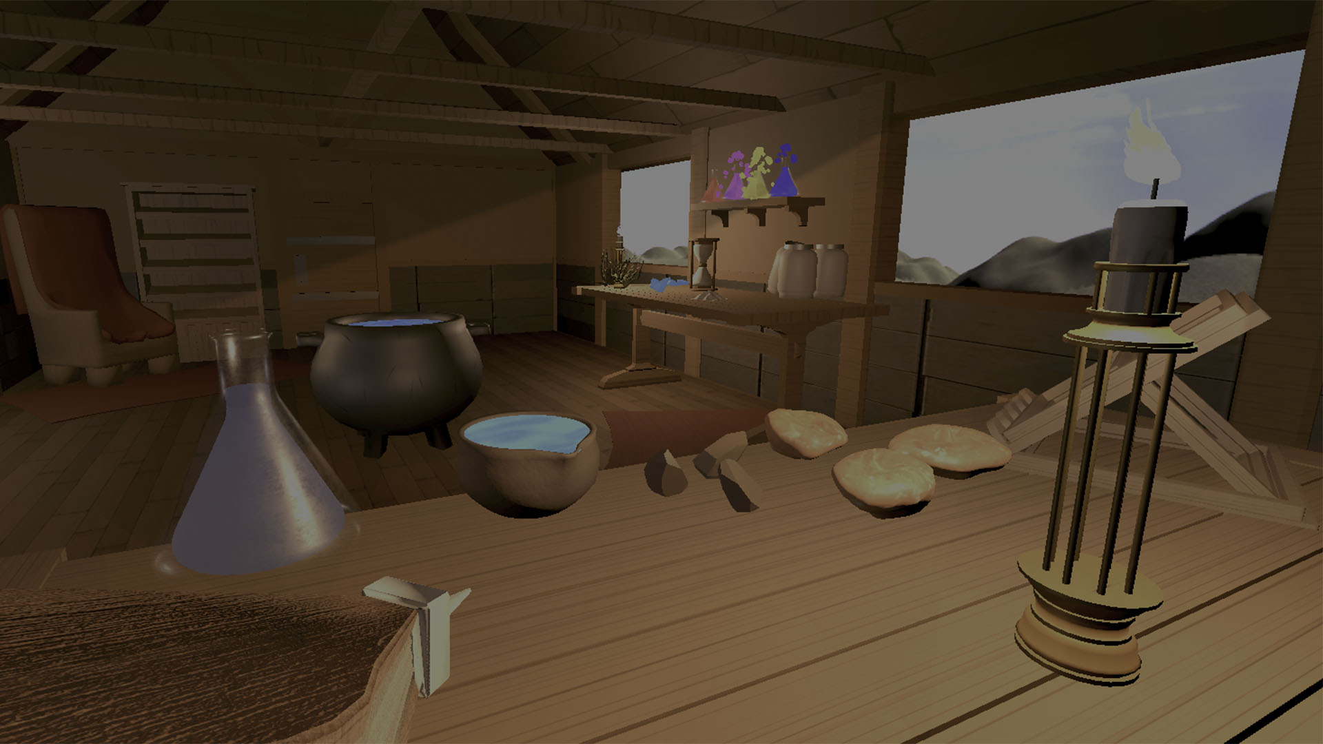 Screenshot from Aurum in VR headset showing alchemy ingredients and materials in a wooden room.